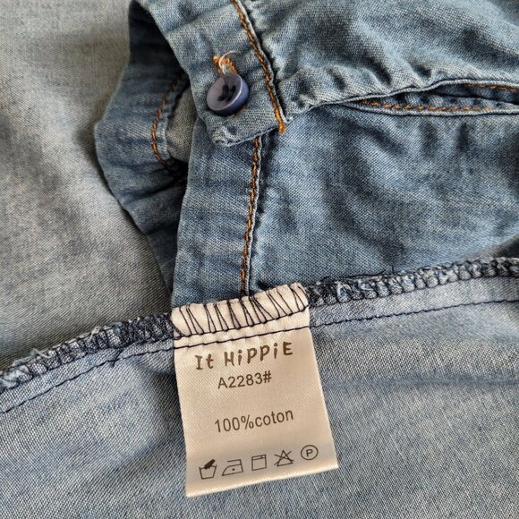 It Hippie Womens Denim Button-Up Shirt Fun Patches & Long Sleeves Size Large - Picture 4 of 7